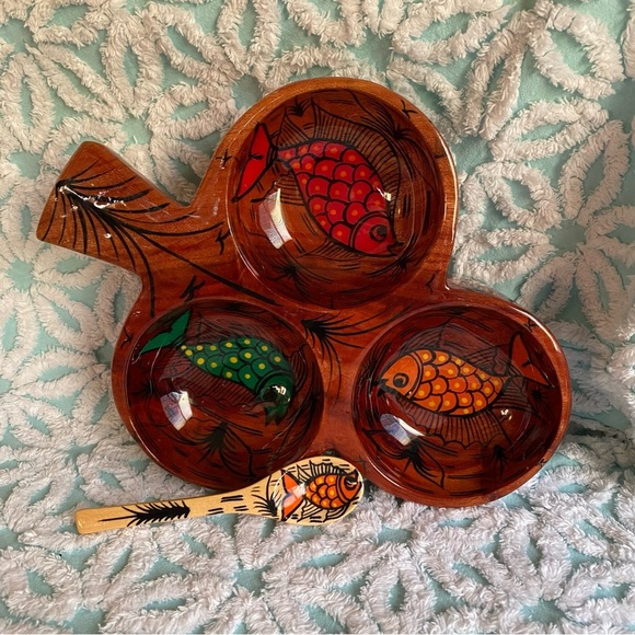 Vintage serving bowl Mexican folk art divided nut bowl trinket dish - Picture 2 of 9